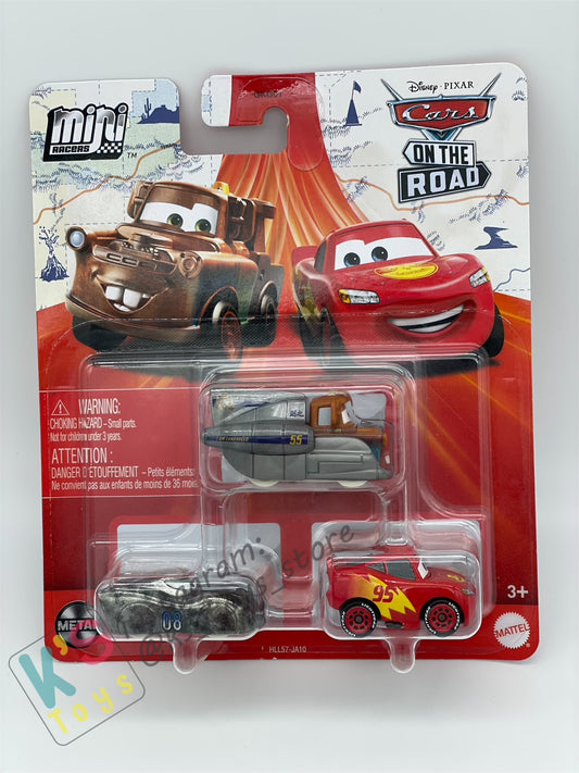 MINI RACERS DISNEY PIXAR CARS 3-PACK SUPER SPEED MATER, ROAD TRIP LIGHTNING MCQUEEN, AND DATZ JAMMIN - BNIP