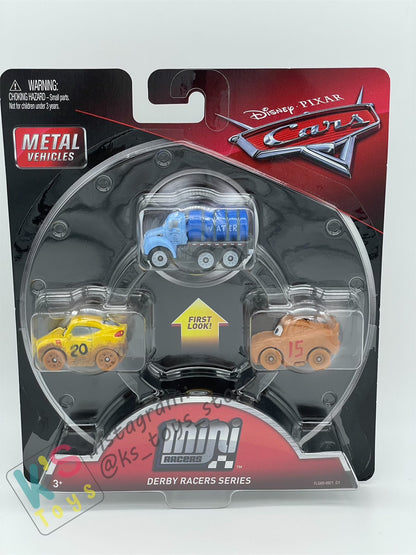 MINI RACERS DISNEY PIXAR CARS 3-PACK MR. DRIPPY, CRUZ RAMIREZ AS FRANCES BELTLINE AND LIGHTNING MCQUEEN AS CHESTER WHIPPLEFILTER (DERBY RACERS SERIES) - BNIP