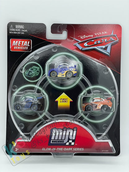 MINI RACERS DISNEY PIXAR CARS 3-PACK GLOW DANNY SWERVEZ, GLOW JACKSON STORM AND GLOW TIM TREADLESS (GLOW IN THE DARK SERIES) - BNIP