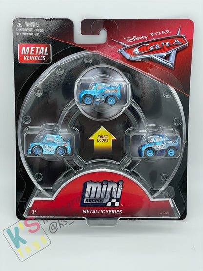 MINI RACERS DISNEY PIXAR CARS 3-PACK METALLIC DINOCO LIGHTNING MCQUEEN, METALLIC DINOCO CHICK HICKS AND METALLIC CAL WEATHERS (METALLIC SERIES) - BNIP