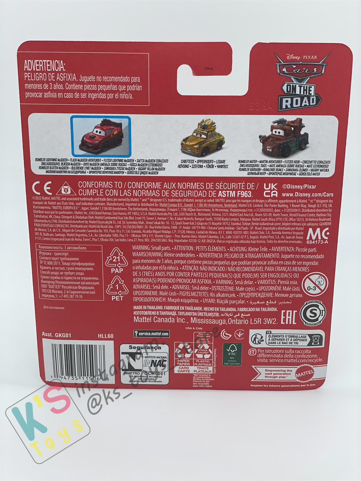 MINI RACERS DISNEY PIXAR CARS 3-PACK RUMBLER LIGHTNING MCQUEEN, CHIEFTESS AND RUMBLER MATER - BNIP