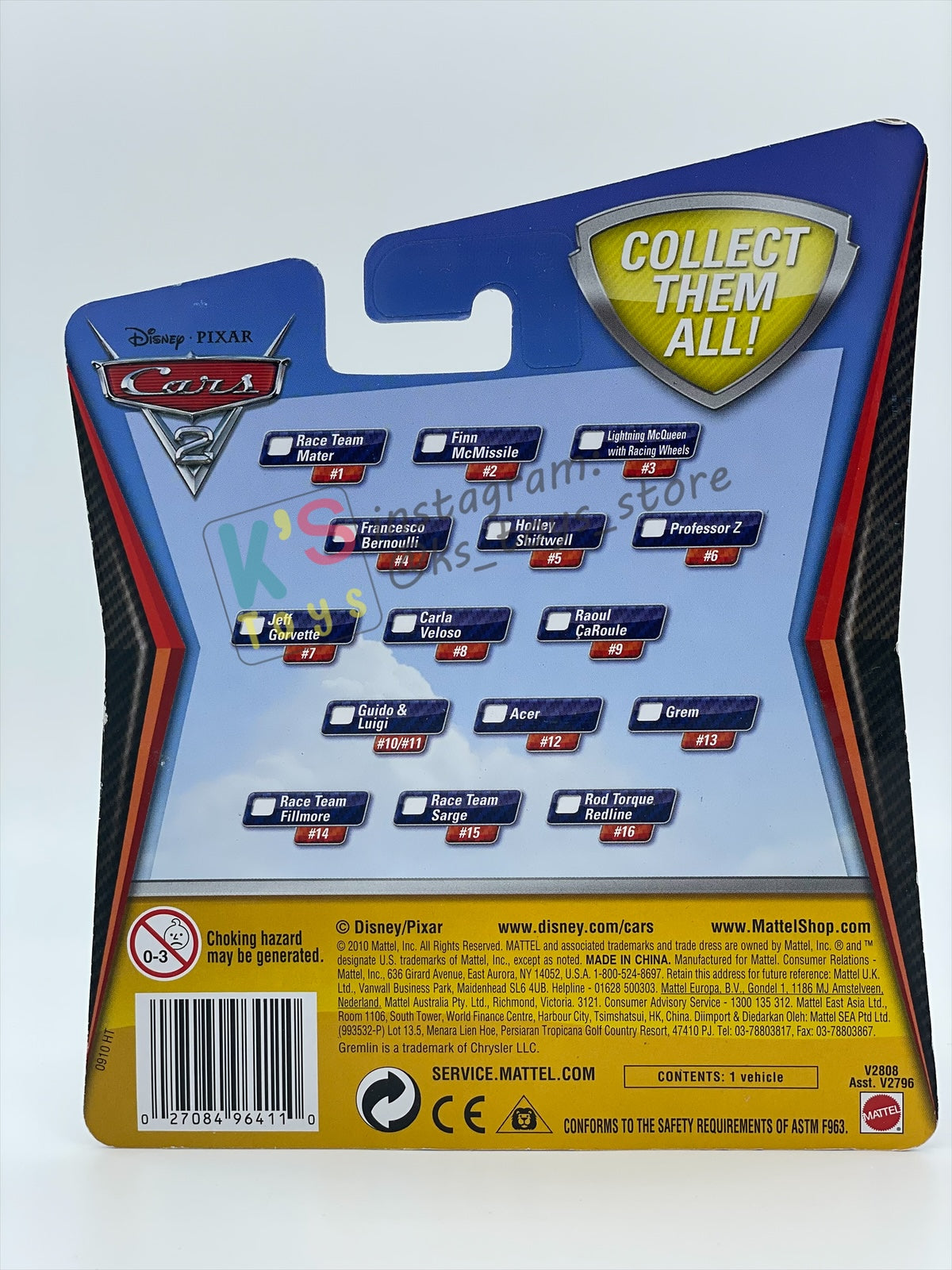 DISNEY PIXAR CARS 1:55 BY MATTEL, "GREM" CARS 2 - BNIP