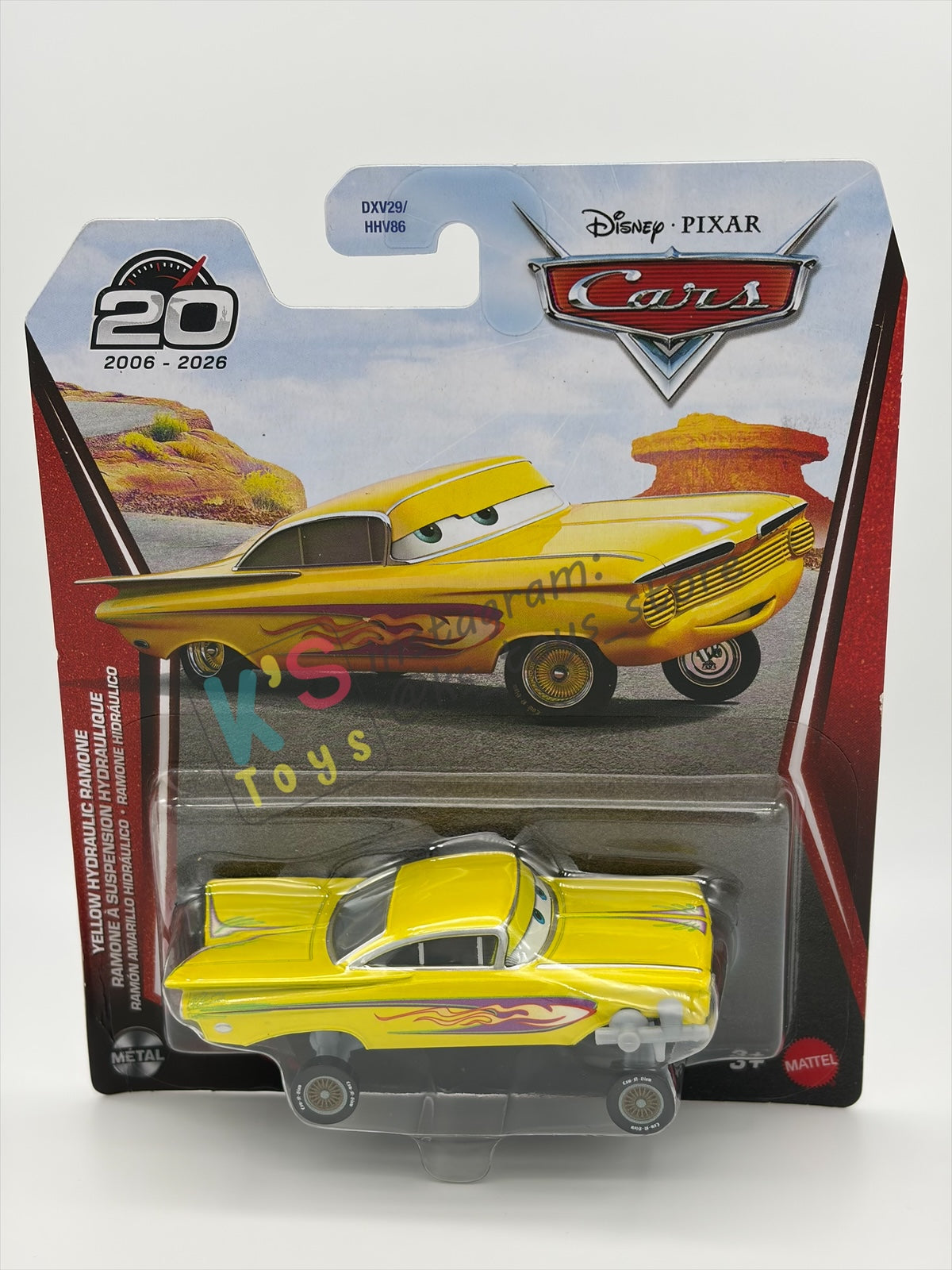 DISNEY PIXAR CARS BY MATTEL 1:55, "YELLOW HYDRAULIC RAMONE" - 2OTH CARD/PACKAGING - BNIP