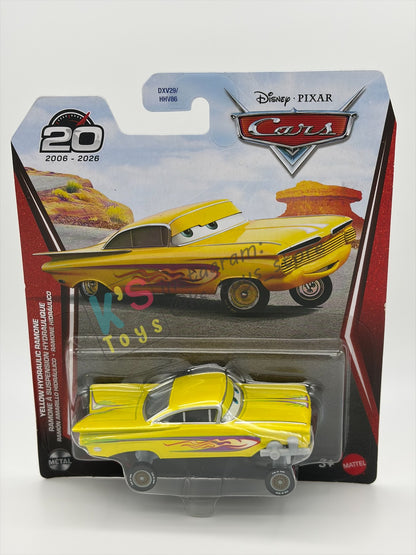DISNEY PIXAR CARS BY MATTEL 1:55, "YELLOW HYDRAULIC RAMONE" - 2OTH CARD/PACKAGING - BNIP