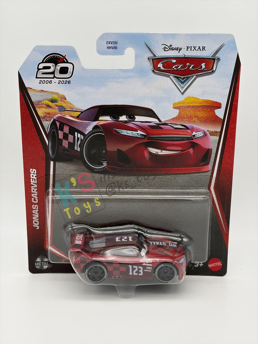 DISNEY PIXAR CARS BY MATTEL 1:55, "JONAS CARVERS" - 2OTH CARD/PACKAGING - BNIP