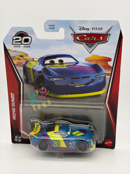DISNEY PIXAR CARS BY MATTEL 1:55, "RICHIE GUNZIT" - 2OTH CARD/PACKAGING - BNIP