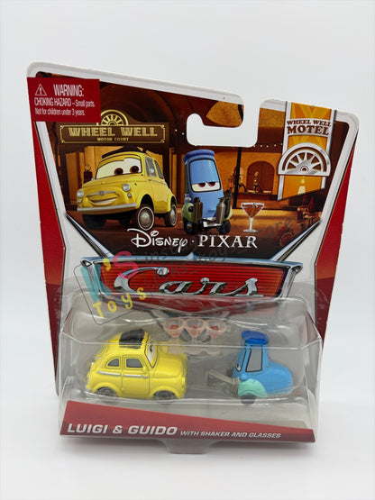 DISNEY PIXAR CARS 1:55  BY MATTEL, LUIGI & GUIDO WITH SHAKER AND GLASSES - WHEEL WELL MOTEL - BNIP