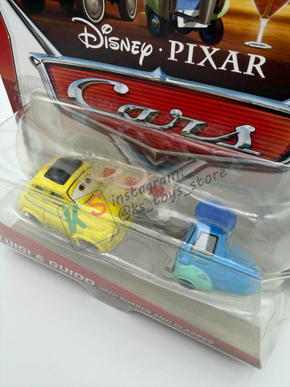 DISNEY PIXAR CARS 1:55  BY MATTEL, LUIGI & GUIDO WITH SHAKER AND GLASSES - WHEEL WELL MOTEL - BNIP