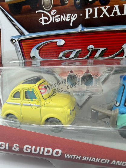DISNEY PIXAR CARS 1:55  BY MATTEL, LUIGI & GUIDO WITH SHAKER AND GLASSES - WHEEL WELL MOTEL - BNIP