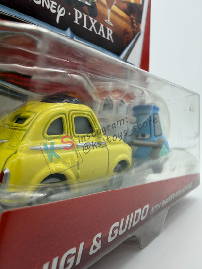 DISNEY PIXAR CARS 1:55  BY MATTEL, LUIGI & GUIDO WITH SHAKER AND GLASSES - WHEEL WELL MOTEL - BNIP