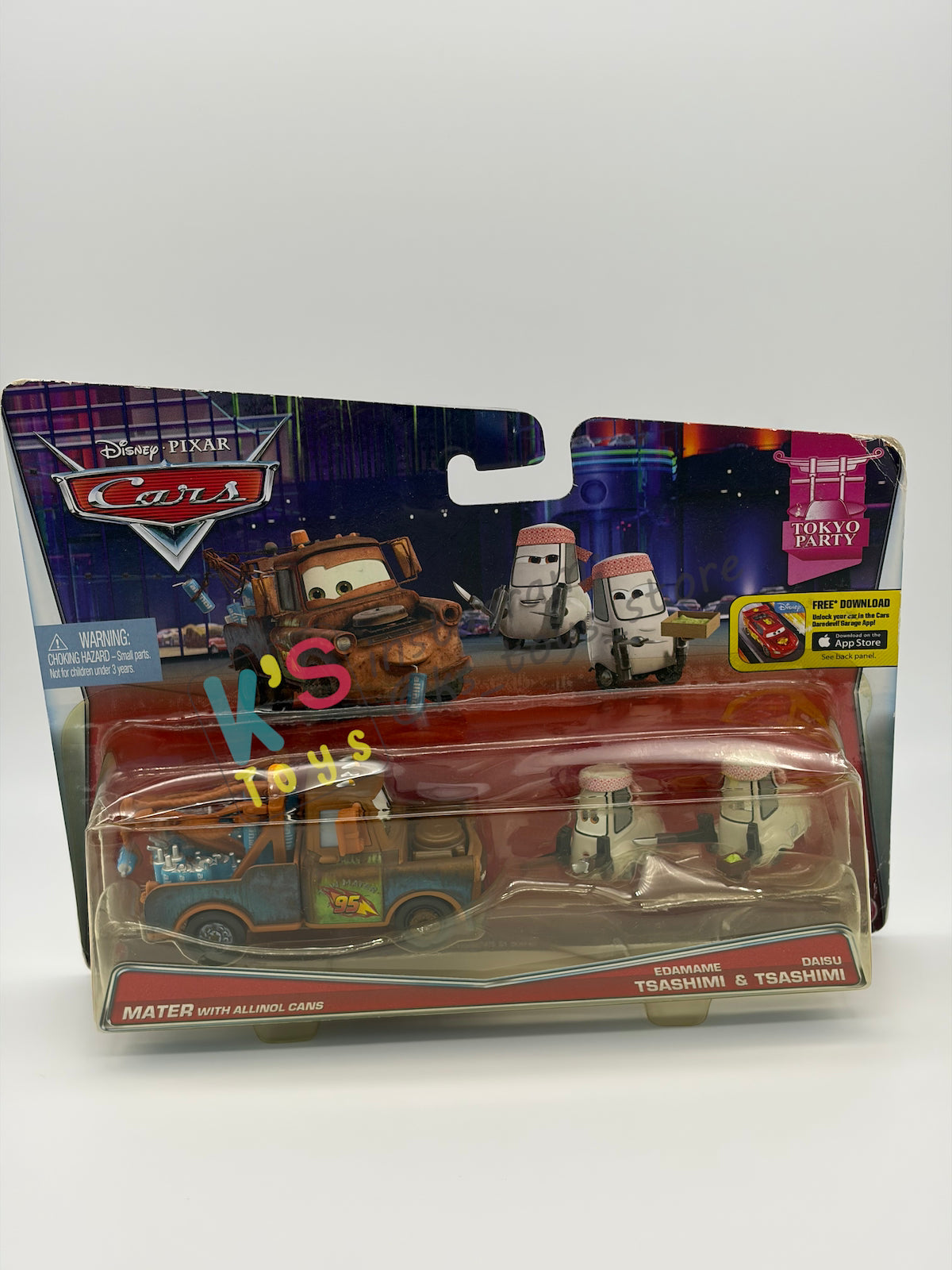 Disney Pixar Cars 1:55 2-Pack by Mattel, Mater With Allinol Cans and Edamame Tsashimi & Daisu Tsashimi - Tokyo Party - BNIP