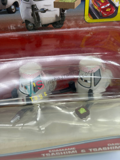Disney Pixar Cars 1:55 2-Pack by Mattel, Mater With Allinol Cans and Edamame Tsashimi & Daisu Tsashimi - Tokyo Party - BNIP
