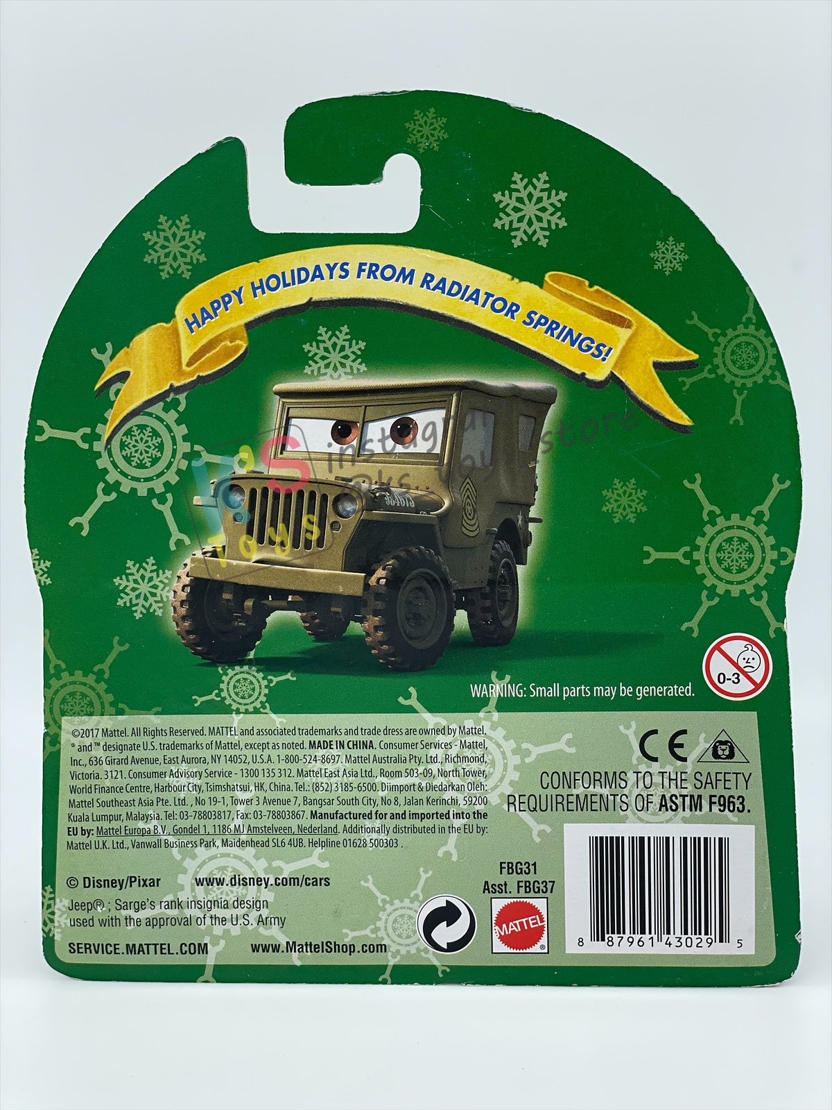 DISNEY PIXAR CARS 1:55 BY MATTEL - "SARGE WITH ROOF LIGHTS" - CHRISTMAS BALL SERIES - BNIP