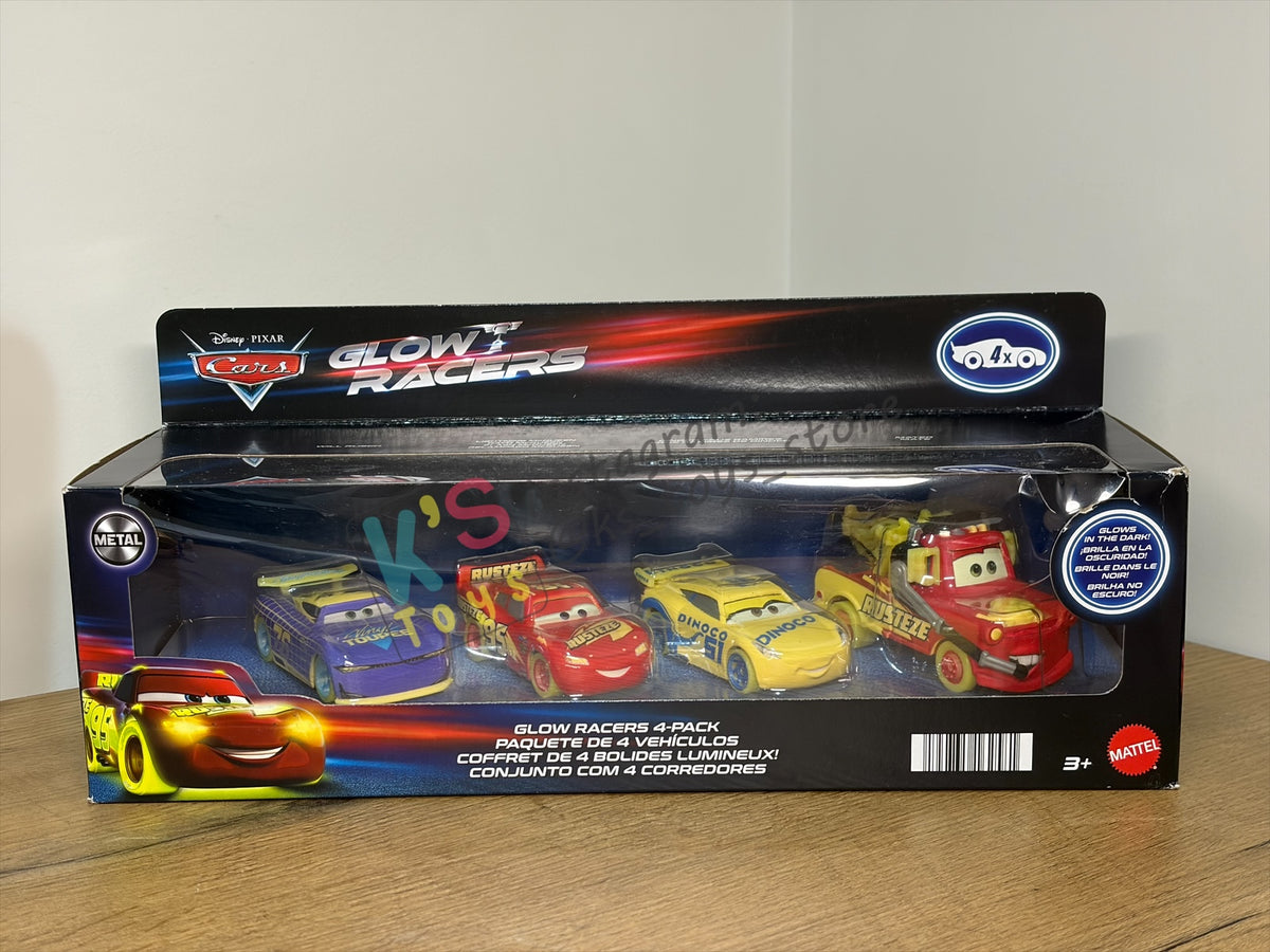 GIFT SET GLOW RACERS Disney Pixar Cars by MATTEL, 4-PACK GLOW RACERS PACK; MATER, DINOCO CRUZ RAMIREZ,  LIGHTNING MCQUEEN AND WILL RUSCH - NEW RELEASE 2023 - BNIP - READ DESCRIPTION!!!!!!!!!