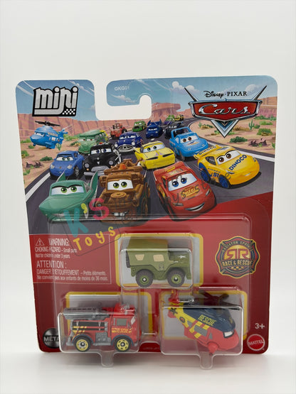 MINI RACERS DISNEY PIXAR CARS 3-PACK BY MATTEL  "RACE & RESCUE ROTOR TURBOSKY, RACE & RESCUE RED, AND SARGE" - 2026 RELEASE - BNIP