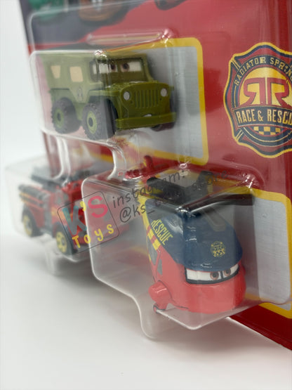 MINI RACERS DISNEY PIXAR CARS 3-PACK BY MATTEL  "RACE & RESCUE ROTOR TURBOSKY, RACE & RESCUE RED, AND SARGE" - 2026 RELEASE - BNIP