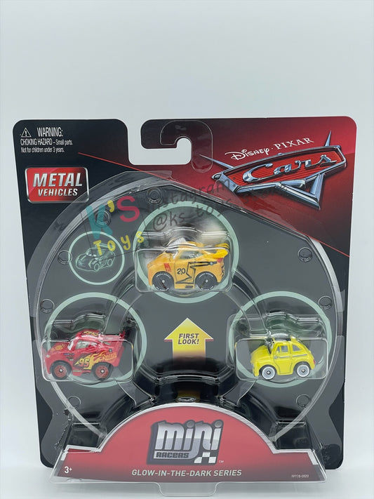 RARE MINI RACERS DISNEY PIXAR CARS BY MATTEL, 3-PACK GLOW THOMASVILLE CRUZ RAMIREZ, GLOW LIGHTNING MCQUEEN AND GLOW LUIGI (GLOW SERIES) - BNIP