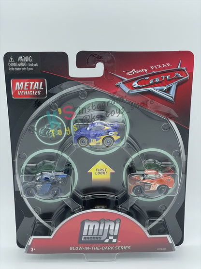 RARE MINI RACERS DISNEY PIXAR CARS BY MATTEL, 3-PACK GLOW DANNY SWERVEZ, GLOW JACKSON STORM AND GLOW TIM TREADLESS (GLOW IN THE DARK SERIES) - BNIP