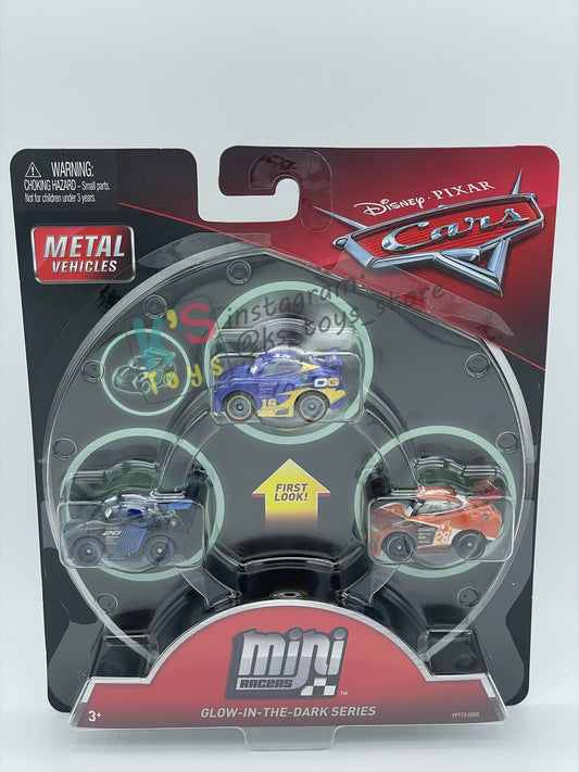 RARE MINI RACERS DISNEY PIXAR CARS BY MATTEL, 3-PACK GLOW DANNY SWERVEZ, GLOW JACKSON STORM AND GLOW TIM TREADLESS (GLOW IN THE DARK SERIES) - BNIP