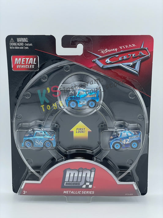 RARE MINI RACERS DISNEY PIXAR CARS BY MATTEL, 3-PACK METALLIC DINOCO LIGHTNING MCQUEEN, METALLIC DINOCO CHICK HICKS AND METALLIC CAL WEATHERS (METALLIC SERIES) - BNIP