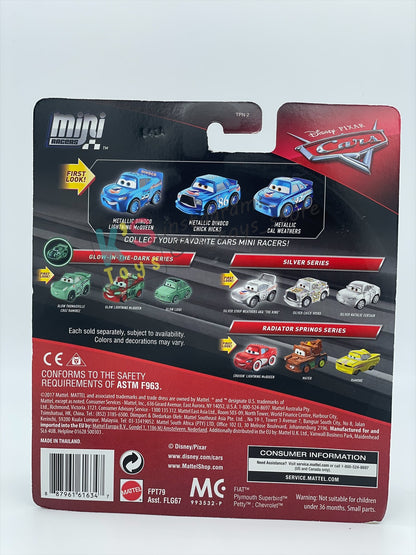 RARE MINI RACERS DISNEY PIXAR CARS BY MATTEL, 3-PACK METALLIC DINOCO LIGHTNING MCQUEEN, METALLIC DINOCO CHICK HICKS AND METALLIC CAL WEATHERS (METALLIC SERIES) - BNIP