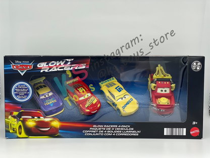 GIFT SET GLOW RACERS Disney Pixar Cars by MATTEL, 4-PACK GLOW RACERS PACK; MATER, DINOCO CRUZ RAMIREZ,  LIGHTNING MCQUEEN AND WILL RUSCH - NEW RELEASE 2023 - BNIP