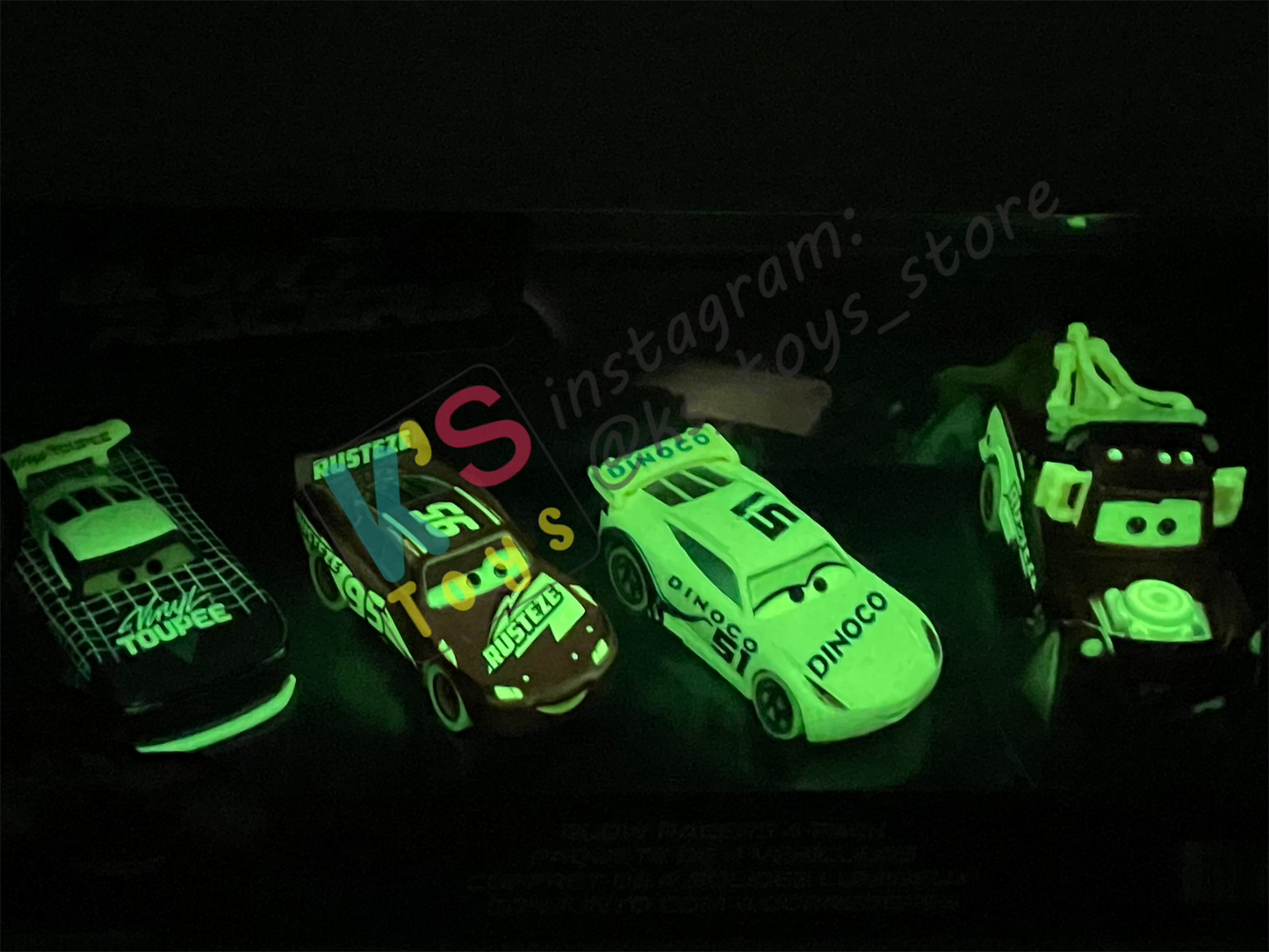 GIFT SET GLOW RACERS Disney Pixar Cars by MATTEL, 4-PACK GLOW RACERS PACK; MATER, DINOCO CRUZ RAMIREZ,  LIGHTNING MCQUEEN AND WILL RUSCH - NEW RELEASE 2023 - BNIP