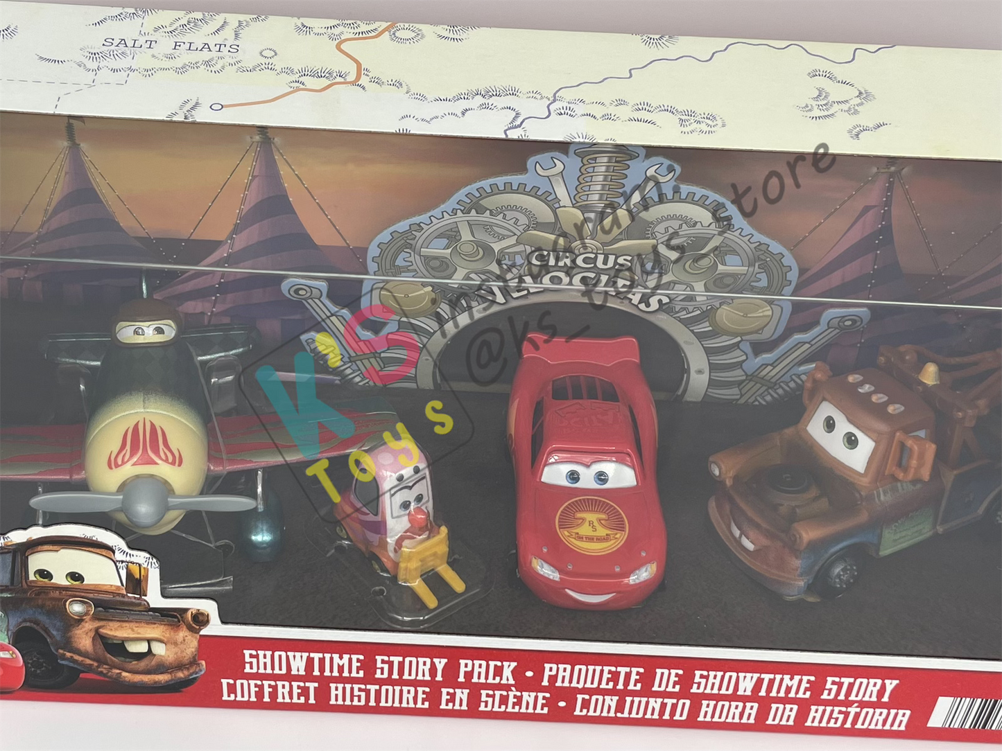 GIFT SET Disney Pixar Cars by MATTEL, 4-PACK SHOWTIME STORY - ROAD TRIP LIGHTNING MCQUEEN, ROAD TRIP MATER, CIRCUS STUNT PERFORMER, AND CIRCUS STUNT AIRPLANE - NEW RELEASE 2023 - BNIP