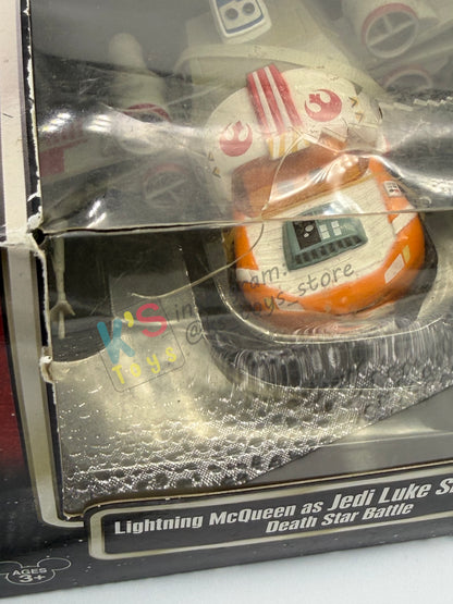 RARE EXCLUSIVE DISNEY PIXAR CARS BY DISNEY PARKS, "LIGHTNING MCQUEEN AS JEDI LUKE SKYWALKER DEATH STAR BATTLE" STAR WARS SERIES - BNIP *BLISTER IS CRACKED!!
