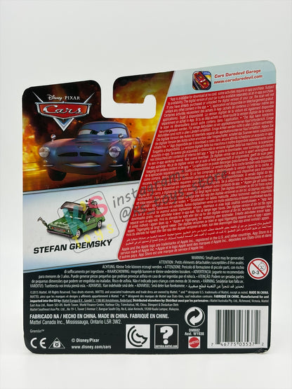 DISNEY PIXAR CARS 1:55 BY MATTEL, "STEFAN GREMSKY" CARS 2 OIL GRIG GETAWAY - BNIP