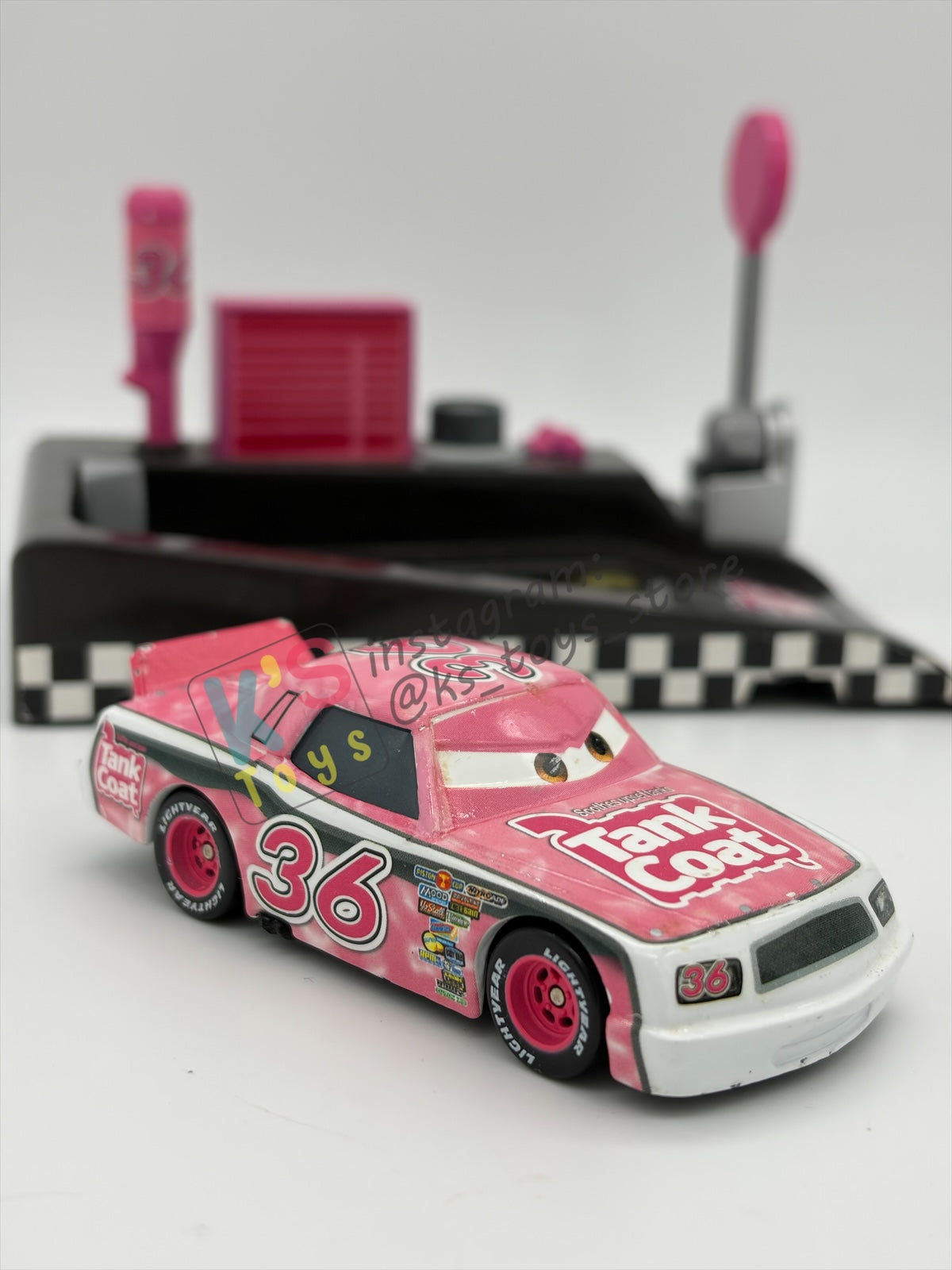 PRE-OWNED / LOOSE DISNEY PIXAR CARS - "EUGENE CARBURESKI #36 TANK COAT" CARS PIT ROW LAUNCHER SERIES - GOOD CONDITION