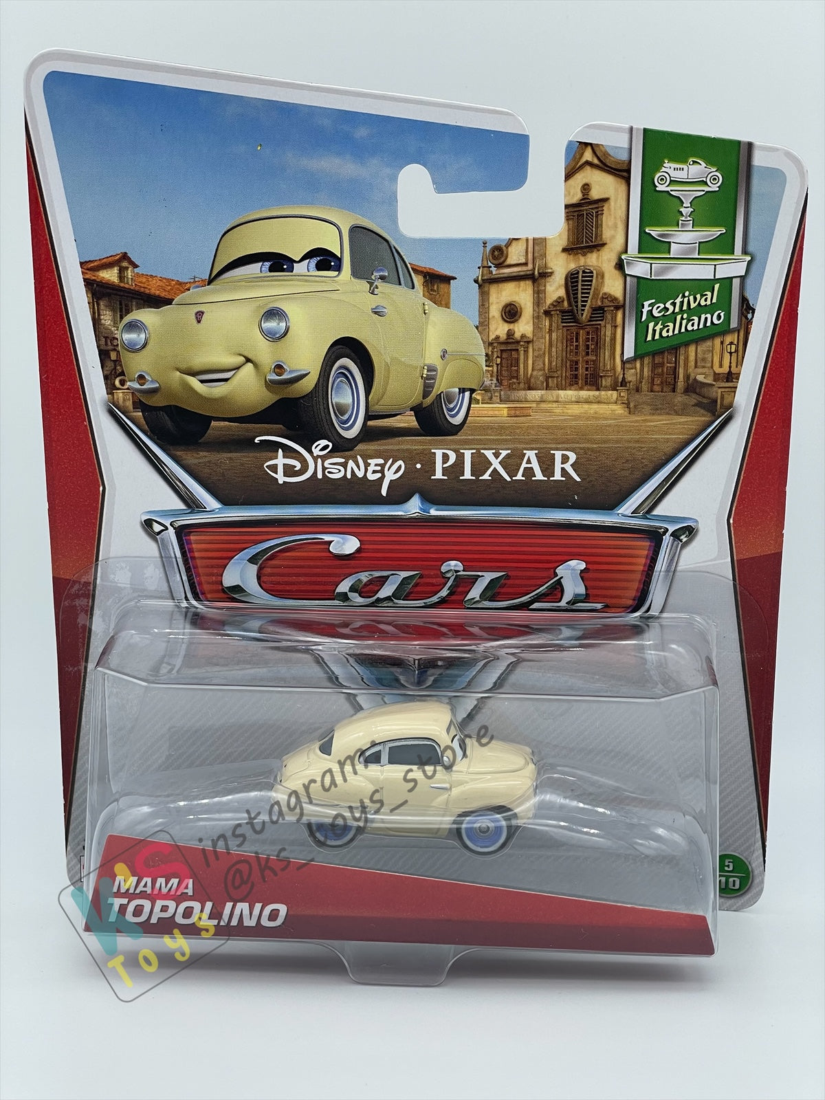 DISNEY PIXAR CARS BY MATTEL 1:55, MAMA TOPOLINO (UNIBODY VARIANT) - FESTIVAL ITALIANO SERIES - BNIP
