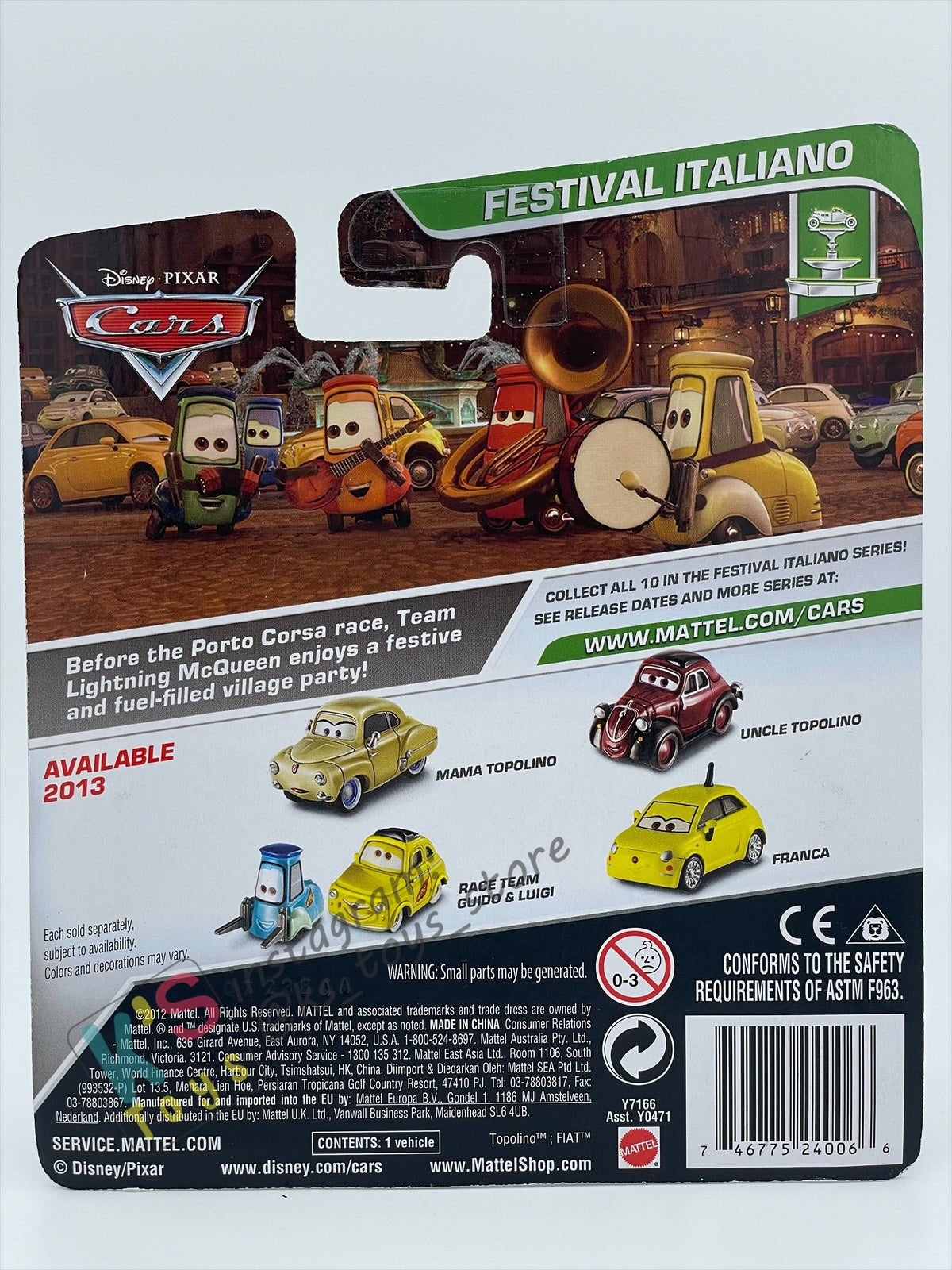 DISNEY PIXAR CARS BY MATTEL 1:55, MAMA TOPOLINO (UNIBODY VARIANT) - FESTIVAL ITALIANO SERIES - BNIP