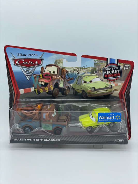 Disney Pixar Cars 1:55 by Mattel 2-Pack Cars 2, MATER WITH SPY GLASSES AND ACER (VARIANT) - BNIP