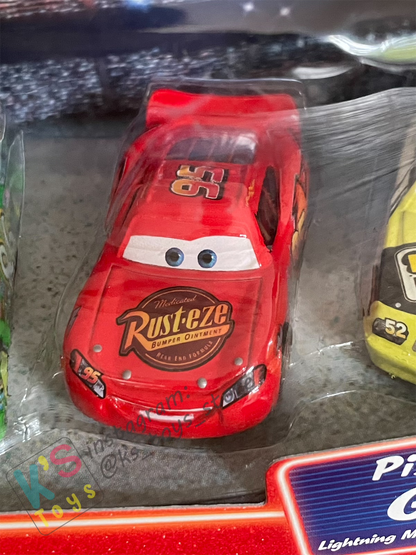 Gift Set Disney Pixar Cars 1:55 - 5-Pack Piston Cup Racers Supercharged; Nitroade, The King, Chick Hicks, Lightning McQueen (without Rusteze Sticker) and Leak Less - BNIP