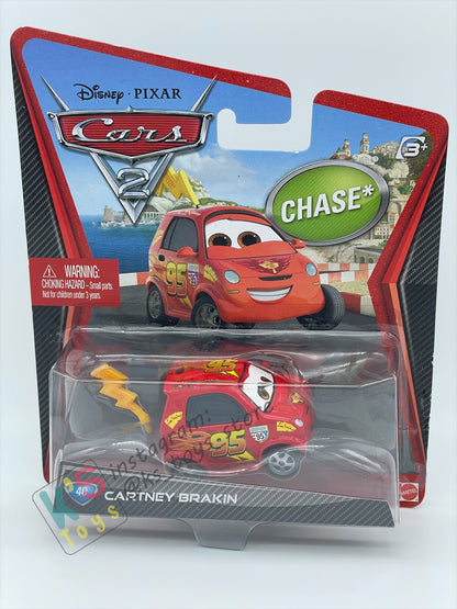 DISNEY PIXAR CARS BY MATTEL, "CARTNEY BRAKIN" CHASE CARS 2 SERIES - BNIP