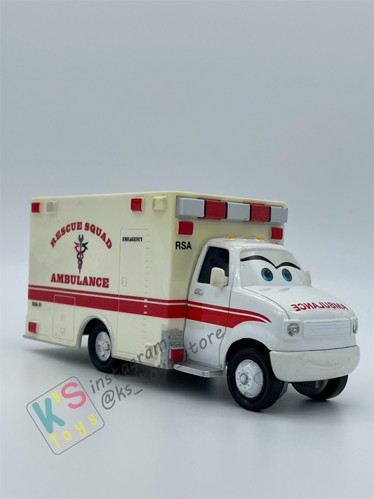 PRE-OWNED / LOOSE DISNEY PIXAR CARS "RESCUE SQUAD AMBULANCE" RESCUE SQUAD MATER SERIES- GOOD CONDITION
