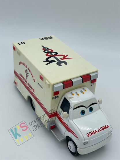 PRE-OWNED / LOOSE DISNEY PIXAR CARS "RESCUE SQUAD AMBULANCE" RESCUE SQUAD MATER SERIES- GOOD CONDITION