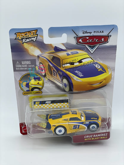 DISNEY PIXAR CARS BY MATTEL 1:55, "CRUZ RAMIREZ WITH BLAST WALL" ROCKET RACING SERIES - BNIP
