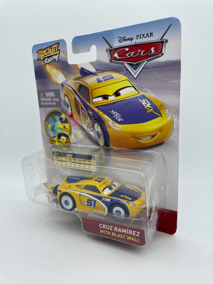 DISNEY PIXAR CARS BY MATTEL 1:55, "CRUZ RAMIREZ WITH BLAST WALL" ROCKET RACING SERIES - BNIP