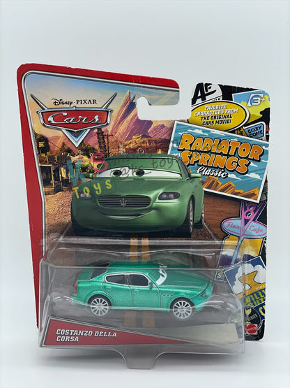 DISNEY PIXAR CARS BY MATTEL 1:55, "COSTANZO DELLA CORSA" RADIATOR SPRINGS SERIES - BNIP