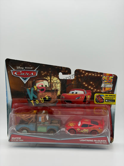 Disney Pixar Cars 1:55 by Mattel 2-Pack MATER WITH NO TIRES AND LIGHTNING MCQUEEN WITH NO TIRES - 95 RETURNS SERIES - BNIP
