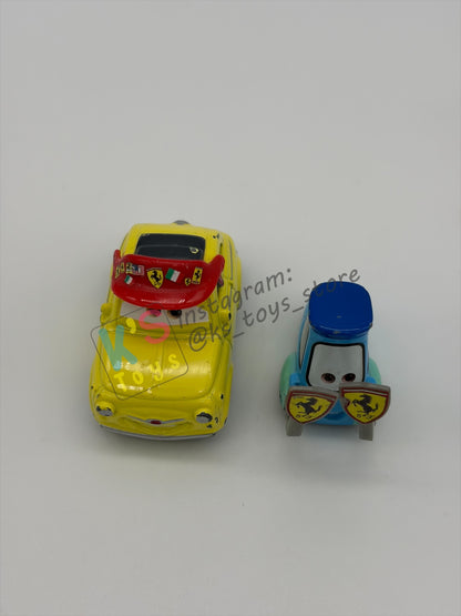 PRE-OWNED / LOOSE DISNEY PIXAR CARS BY MATTEL - "LUIGI & GUIDO FERRARI FANS" - CARS SUPERCHARGED SERIES - GOOD CONDITION BUT MISSING PART- READ DESCRIPTION!!!!!!!!!!!