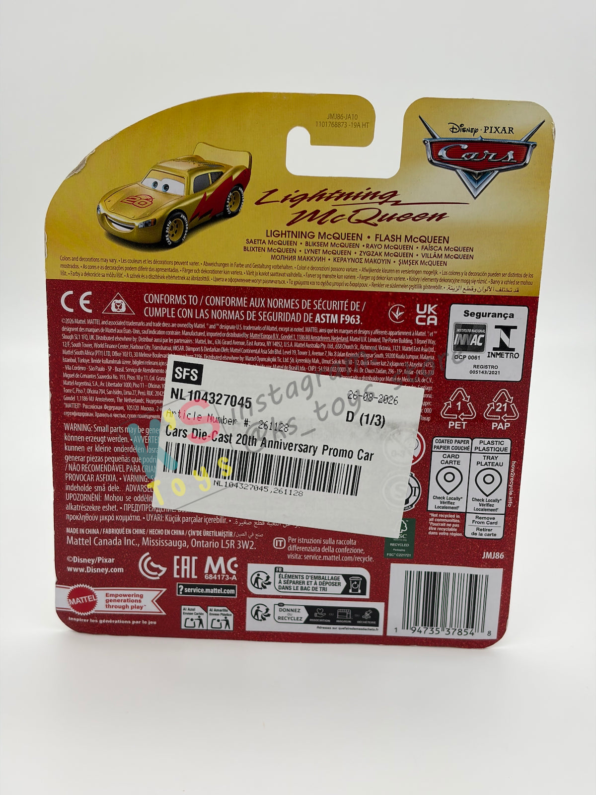 SPECIAL EDITION DISNEY PIXAR CARS BY MATTEL 1:55, "20TH ANNIVERSARY GOLDEN ANNIVERSARY LIGHTNING MCQUEEN" - 2026 PROMO 20TH ANNIVERSARY SERIES - BNIP