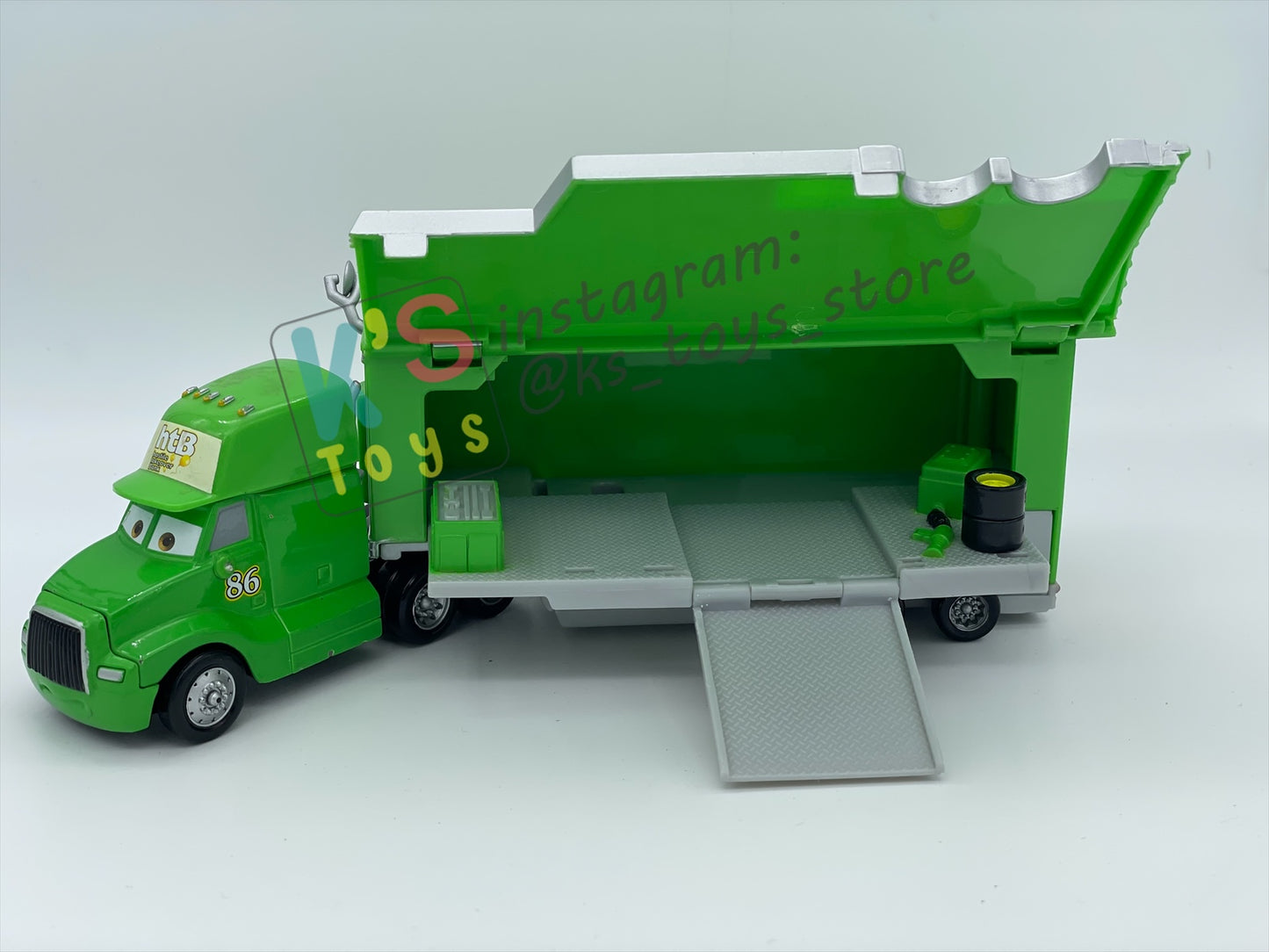 PRE-OWNED / LOOSE HAULER DISNEY PIXAR CARS BY MATTEL, ROD TANGO / CHICK HICKS HAULER,  IN PLAYED CONDITION AND MISSING PARTS - PLEASE READ DESCRIPTION!!!!!!!!!!