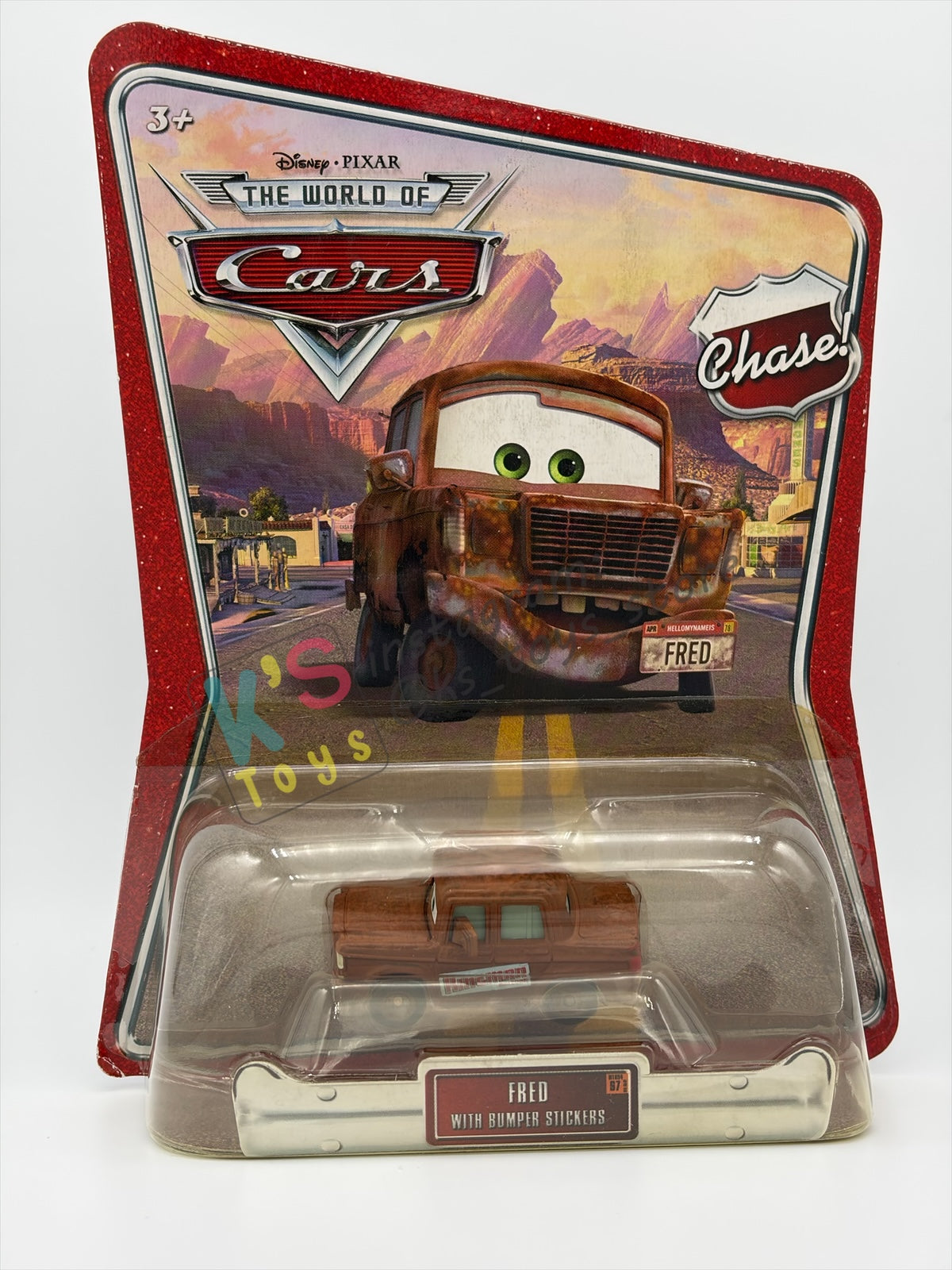 DISNEY PIXAR CARS 1:55 BY MATTEL, "FRED WITH BUMPER STICKERS" - THE WORLD OF CARS SERIES CHASE - BNIP