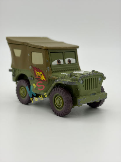 FREE ITEM!!! PRE-OWNED / LOOSE DISNEY PIXAR CARS - "RACE TEAM SARGE" CARS 2 SERIES - WELL LOVED AND MISSING PART CONDITION