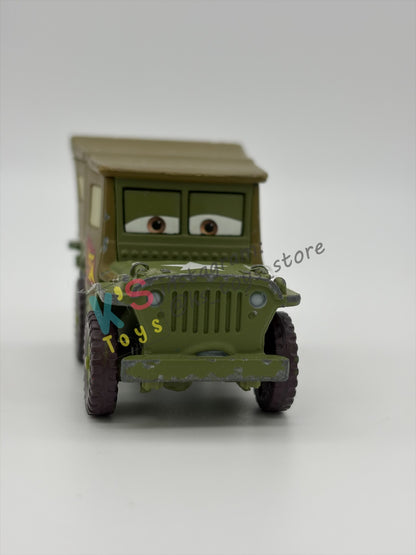 FREE ITEM!!! PRE-OWNED / LOOSE DISNEY PIXAR CARS - "RACE TEAM SARGE" CARS 2 SERIES - WELL LOVED AND MISSING PART CONDITION