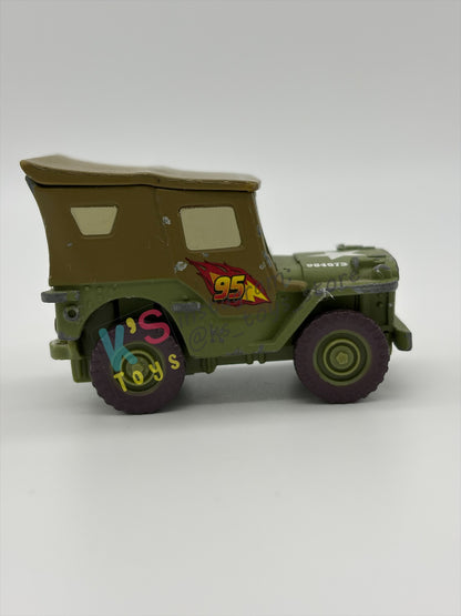 FREE ITEM!!! PRE-OWNED / LOOSE DISNEY PIXAR CARS - "RACE TEAM SARGE" CARS 2 SERIES - WELL LOVED AND MISSING PART CONDITION