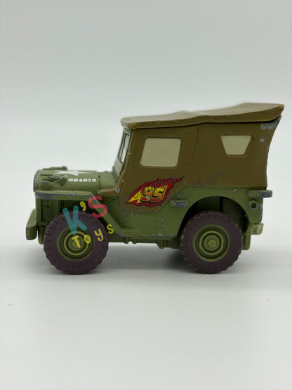 FREE ITEM!!! PRE-OWNED / LOOSE DISNEY PIXAR CARS - "RACE TEAM SARGE" CARS 2 SERIES - WELL LOVED AND MISSING PART CONDITION
